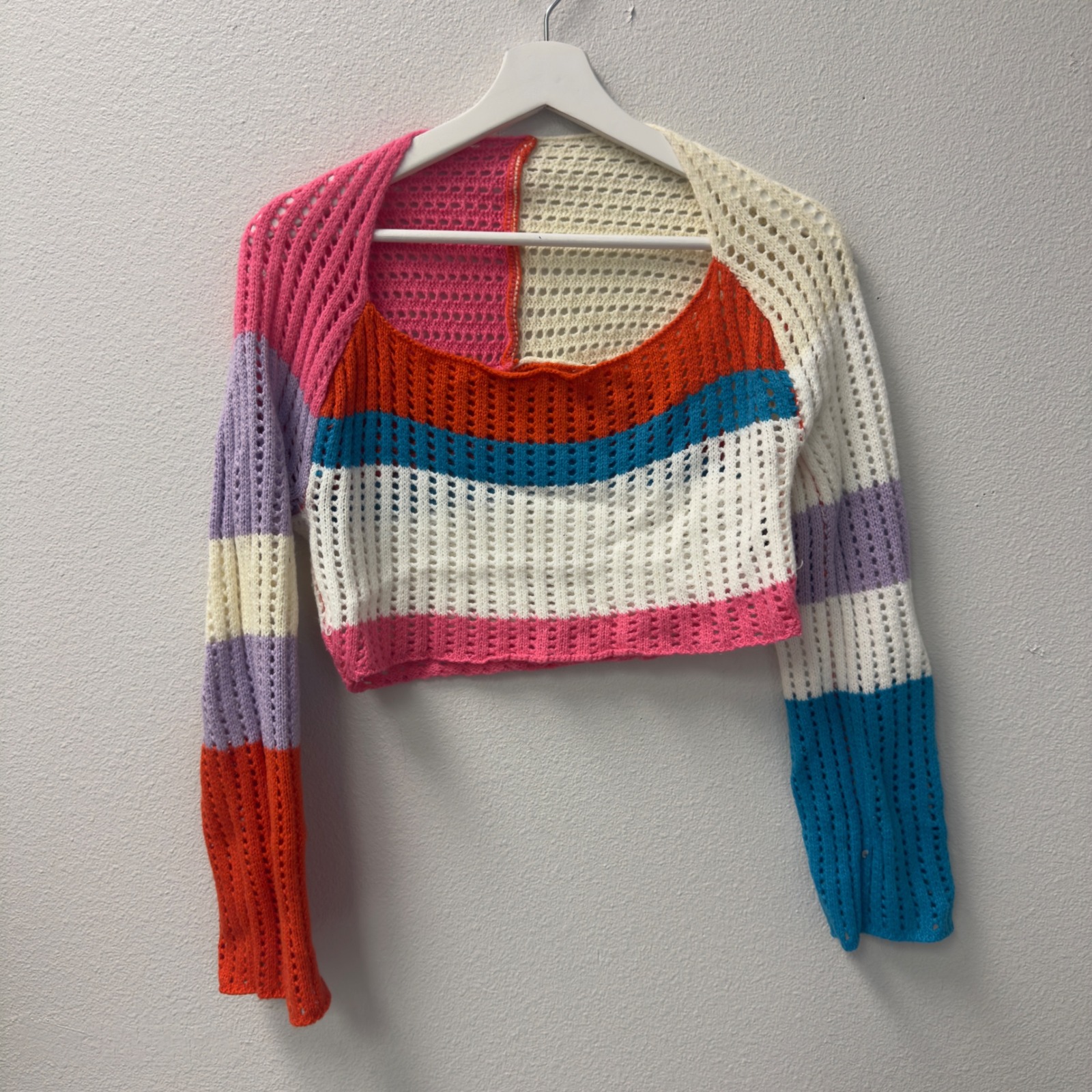 Crochet Crop Multicolor Colorblock Mesh Sweater Boho Festival Retro Indie